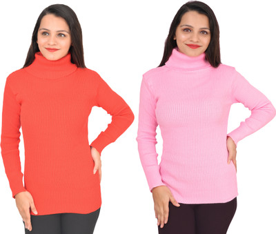 THE LITTLE BOY Solid Turtle Neck Casual Women Pink, Red Sweater
