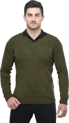 manra Solid V Neck Casual Men Green Sweater