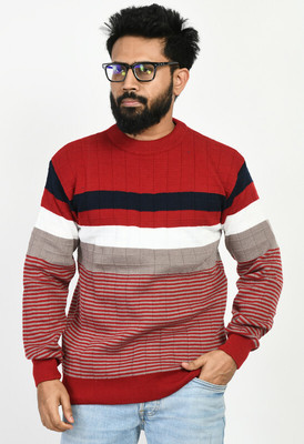 WoolCraft Striped Round Neck Casual Men Maroon Sweater