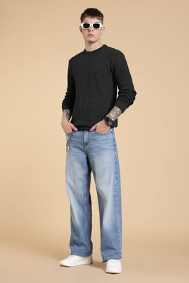 nikline Self Design Round Neck Casual Men Black Sweater