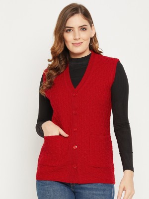 Zigo Self Design V Neck Casual Women Red Sweater