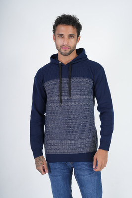 Life and style Self Design Hooded Neck Casual Men Blue Sweater