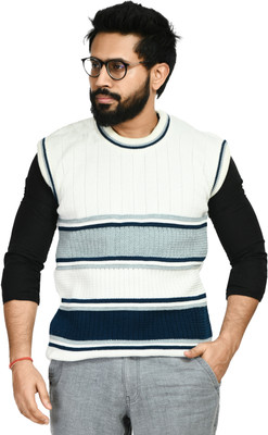 manra Striped Round Neck Casual Men Blue Sweater