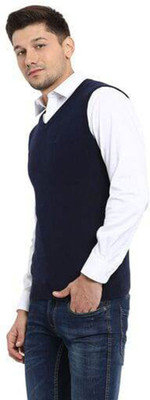 A N Enterprises Solid V Neck Casual Men Dark Blue Sweater
