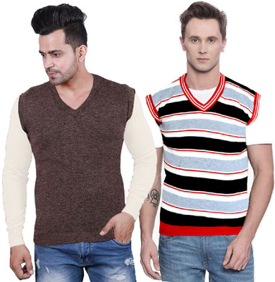 Shunit creation Solid V Neck Casual Men Brown, White Sweater