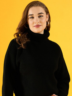 98 Degree North Self Design High Neck Casual Women Black Sweater