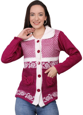 manra Printed Collared Neck Casual Women Purple Sweater