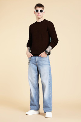 nikline Self Design Round Neck Casual Men Brown Sweater