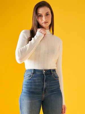 98 Degree North Self Design High Neck Casual Women White Sweater
