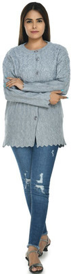 manra Self Design Round Neck Casual Women Grey Sweater