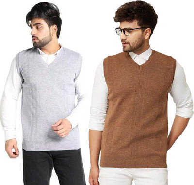 Shunit creation Solid V Neck Casual Men White, Brown Sweater