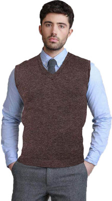 Shunit creation Solid V Neck Casual Men Brown Sweater