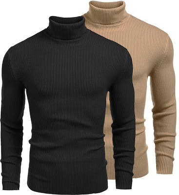 Clafoutis Self Design Turtle Neck Casual Men Black, Beige Sweater