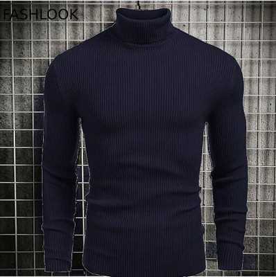 HouseOfCommon Solid High Neck Casual Men Dark Blue Sweater