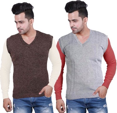 Shunit creation Solid V Neck Casual Men Brown, Grey Sweater