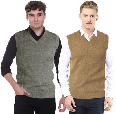 Shunit creation Solid V Neck Casual Men Green, Brown Sweater
