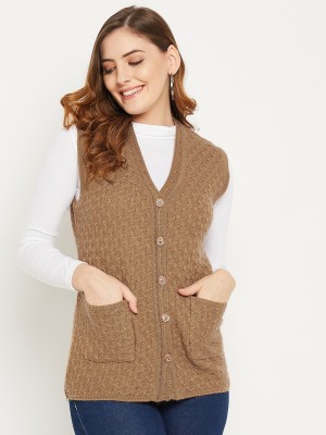 Zigo Self Design V Neck Casual Women Brown Sweater