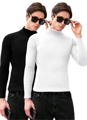 At Last Fashion Solid High Neck Casual Men White, Black Sweater
