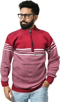 manra Striped Round Neck Casual Men Maroon Sweater