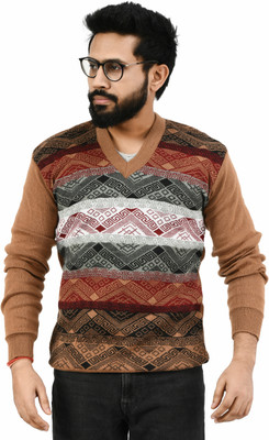 Life and style Printed V Neck Casual Men Beige Sweater
