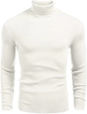 HouseOfCommon Solid High Neck Casual Men White Sweater