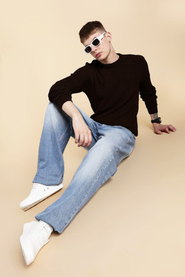 nikline Self Design Round Neck Casual Men Brown Sweater