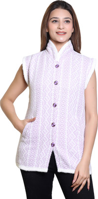 avmay Geometric Print V Neck Casual Women Purple, White Sweater