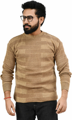 manra Striped Round Neck Casual Men Beige Sweater