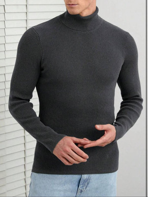 trendbite Solid High Neck Casual Men Black Sweater