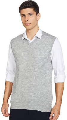 manra Solid V Neck Casual Men Grey Sweater
