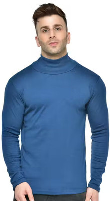 At Last Fashion Solid High Neck Casual Men Blue Sweater