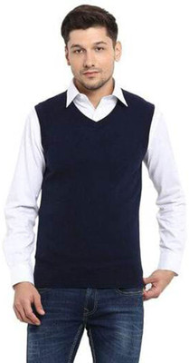 A N Enterprises Solid V Neck Casual Men Dark Blue Sweater