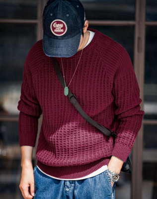 nikline Solid Round Neck Casual Men Maroon Sweater