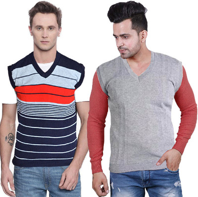 Shunit creation Solid V Neck Casual Men Blue, Grey Sweater