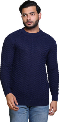 Grand Line Self Design Round Neck Casual Men Blue Sweater