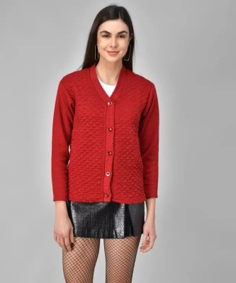 manra Self Design V Neck Casual Women Maroon Sweater