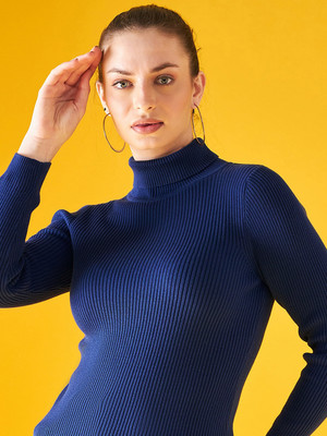 98 Degree North Self Design Turtle Neck Casual Women Blue Sweater