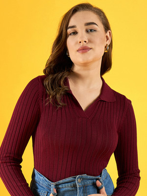 98 Degree North Self Design Collared Neck Casual Women Maroon Sweater