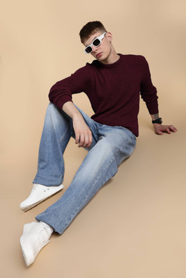 nikline Self Design Round Neck Casual Men Maroon Sweater