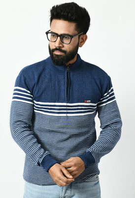 manra Striped Round Neck Casual Men Blue Sweater