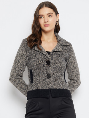 Zigo Self Design Collared Neck Casual Women Black Sweater