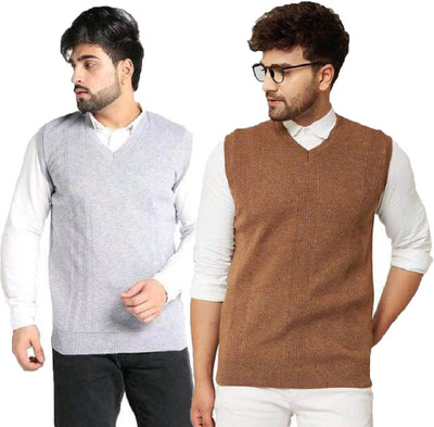 Shunit creation Solid V Neck Casual Men Grey, Brown Sweater