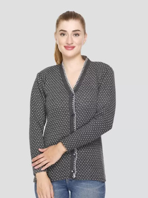 CURIOUS FASHION Printed V Neck Casual Women Grey Sweater