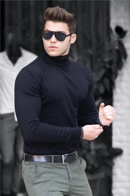 BLACK BLINK Solid Turtle Neck Party Men Black Sweater