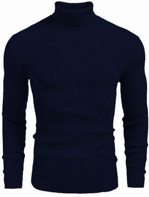 HOSUEOFCOMMON Self Design Turtle Neck Casual Men Dark Blue Sweater