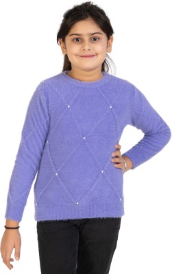 PULAKIN Self Design Round Neck Casual Girls Blue Sweater