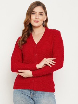 Zigo Self Design V Neck Casual Women Red Sweater