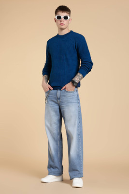 nikline Self Design Round Neck Casual Men Blue Sweater