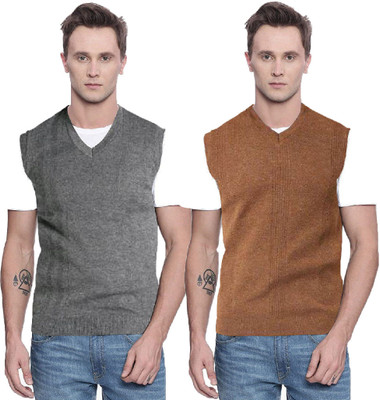 Shunit creation Solid V Neck Casual Men Grey, Brown Sweater