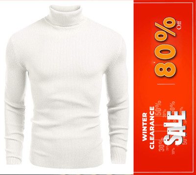 Cat Bunny Self Design High Neck Casual Men White Sweater